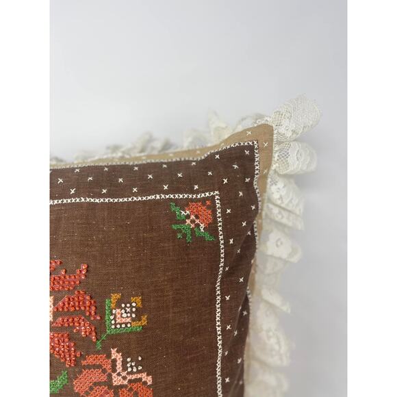 Brown Rust Cream Floral Cross-Stitched Pillow Lace Trim - Picture 3 of 5